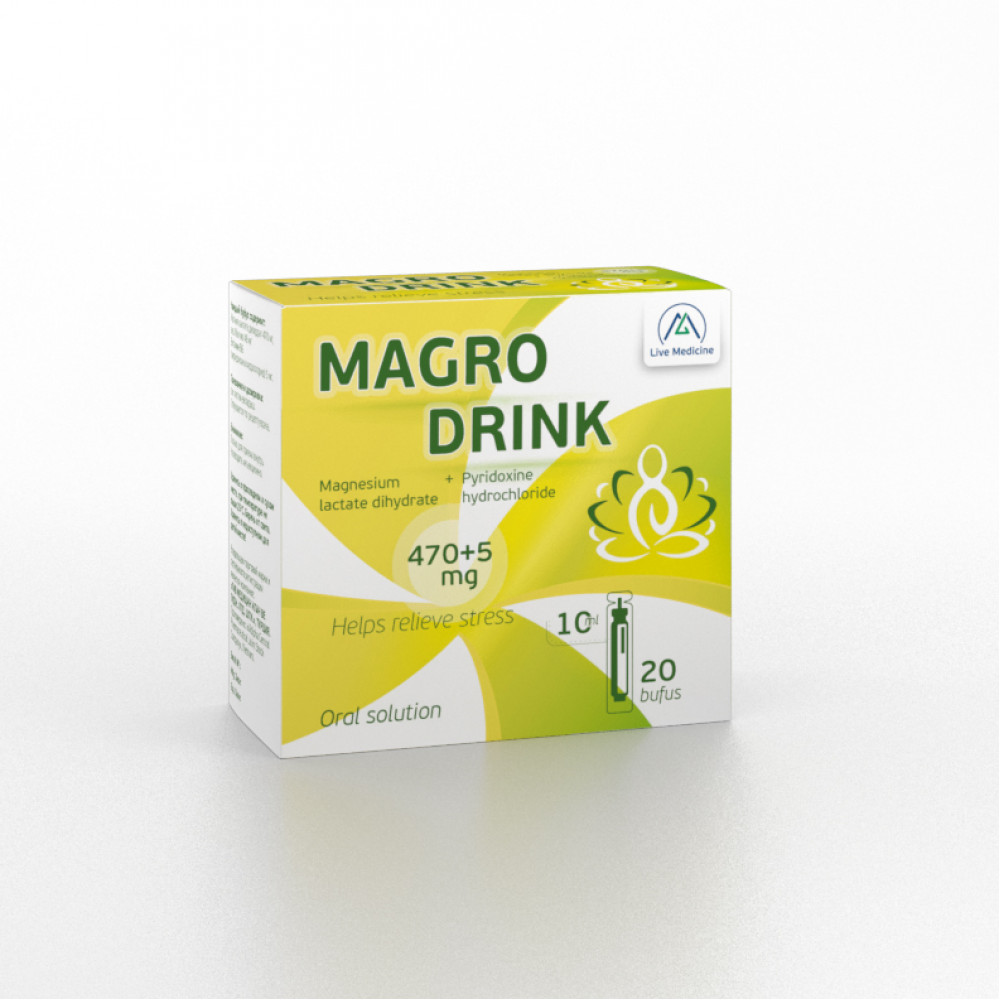 MAGRO DRINK [Magnesium lactate dihydrate + Pyridoxine hydrochloride] 470 mg + 5 mg Oral solution