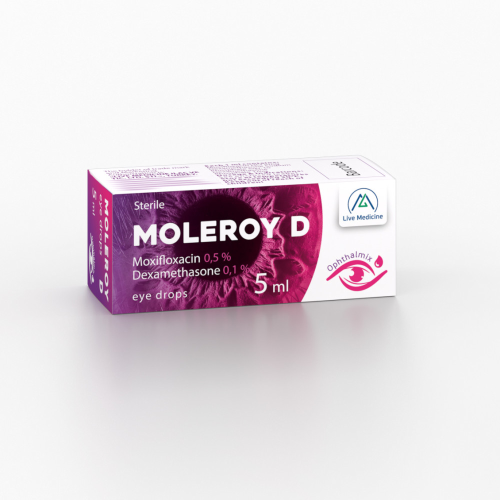 MOLEROY D [Moxifloxacin + Dexamethasone phosphate] 0.5 + 0.1% Eye drops
